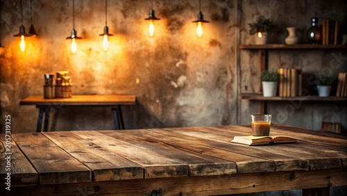 Rustic wooden table setting with a warm inviting ambiance, perfect for displaying products or showcasing a cozy atmosphere with a beverage and an open book.