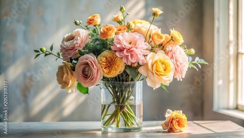 A radiant bouquet of pastel roses and dahlias, bathed in sunlight, arranged in a clear glass vase on a rustic surface.