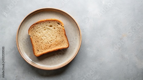 A single slice of toasted bread rests on a speckled earthenware plate against a neutral backdrop