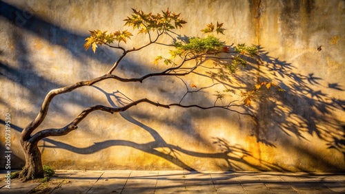 Serene autumnal tree casts long shadows against a textured wall
