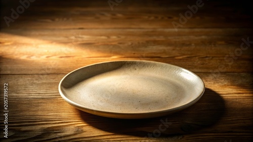 Empty ceramic plate on rustic wooden table bathed in warm sunlight, ready for a culinary creation.
