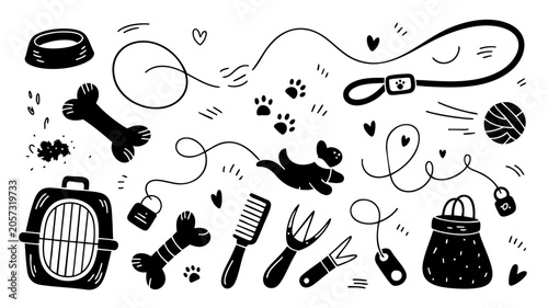 Flat vector wide pet care banner with playful scattered grooming tools and delicate drifting hearts for pet promo design
