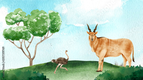 Photos Cute Watercolor African Savanna Background with Giant Eland Antelope and Running