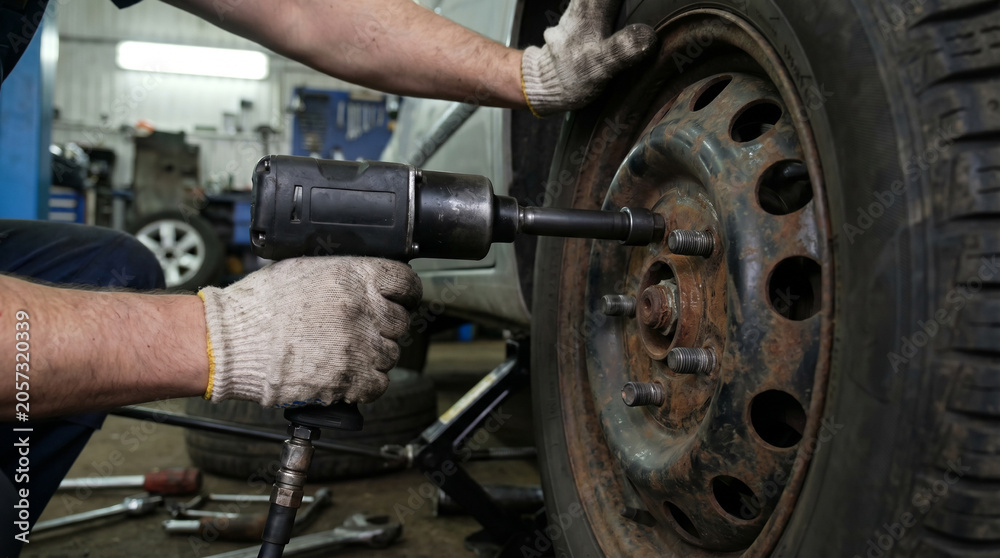 Fototapeta premium Mechanic Tightening Lug Nuts on Car Wheel with Impact Wrench in Garage