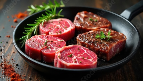 Gourmet raw beef steaks seasoned with herbs in a dark skillet, ready for cooking