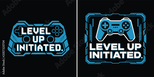 Blue neon gaming controller icon with level up initiated text