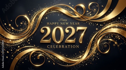 Beautiful golden ribbons swirling with happy new year 2027 text design and festive glittering stars.