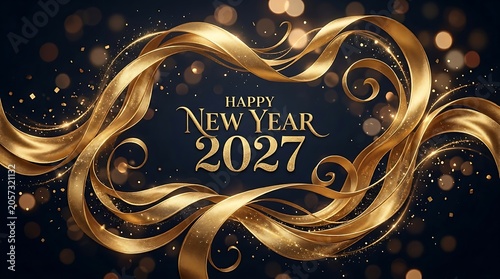 Elegant golden flowing ribbons framing happy new year 2027 text with soft focus lights background.