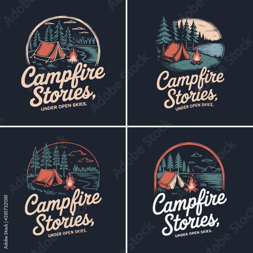 Four vintage camping badges featuring campfire stories and forest scenes