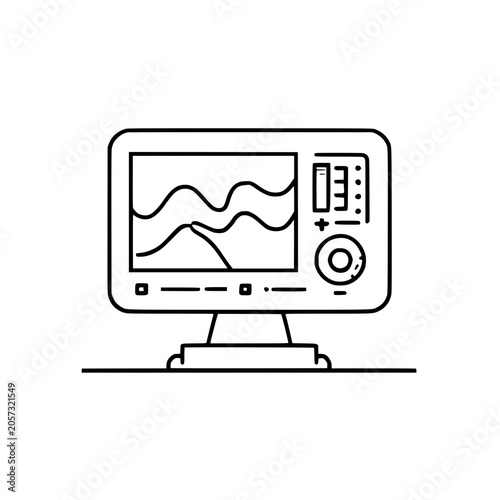 Minimalist black and white vector illustration of a digital sonar fish finder device featuring a detailed screen display monitor unit