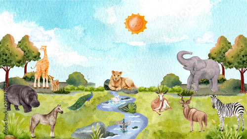 Photography Cute Watercolor African Safari Animals Landscape Background with Elephant Giraff