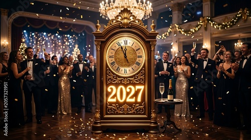 New year's eve 2027 celebration with grand clock, champagne, and people toasting in ballroom.