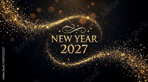 Elegant new year 2027 gold glitter background with glowing sparkles and decorative swirl elements.