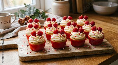 Valentine’s Day cupcakes with raspberries and heart-shaped sprinkles.