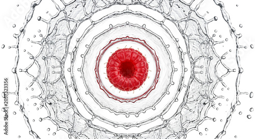 Macro high speed photography of textured red raspberry water splash isolated on white