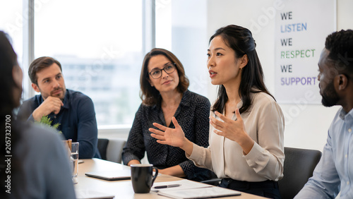 Brave woman speaking up about microaggression in supportive workplace