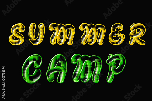 3D Summer Camp Text Effect with Yellow and Green Halftone Dot Pattern on Black Background