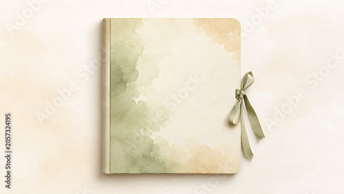 Closed journal with sage green watercolor wash and tied ribbon closure
