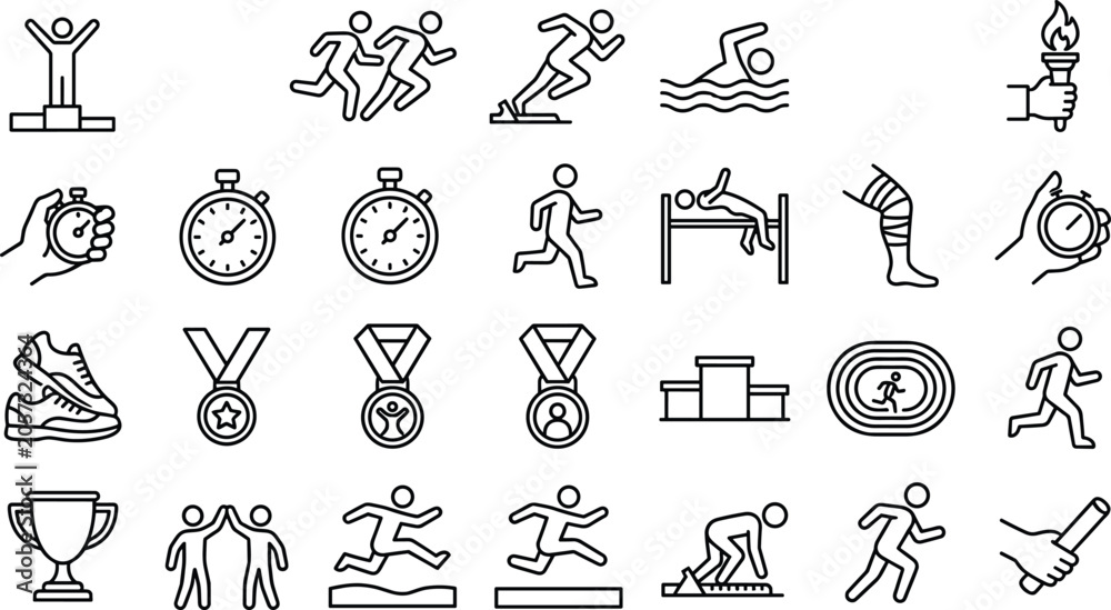 Fototapeta premium Running and Athletics Line Icon Set Featuring Track Field Sprinting Trophy Medals and Sports Symbols