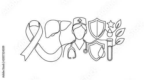 Quadro su tela Medical healthcare concept illustration: doctor, liver, ribbon, shield, test tub