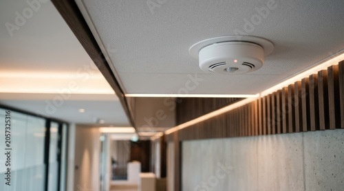 Smoke detector installed on ceiling in modern building hallway with lighting fixtures during daytime