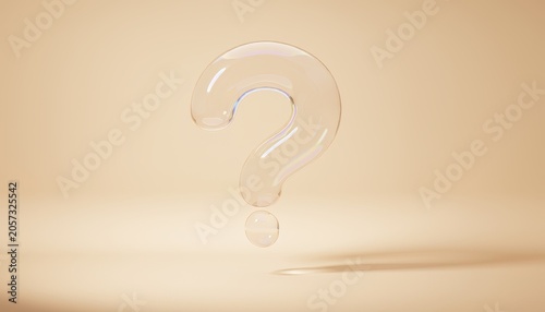 3D Bubble Question Mark concept. Transparent glass question mark casting shadow on beige background