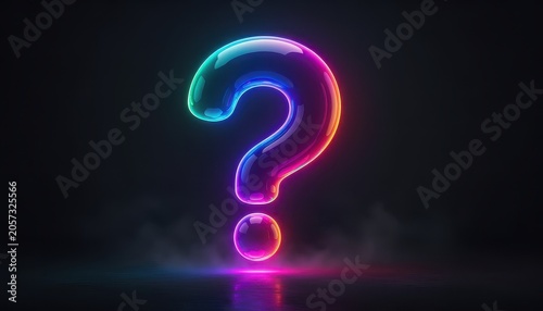 3D Bubble Question Mark concept. Glowing neon question mark with colorful light reflections on a dark background.