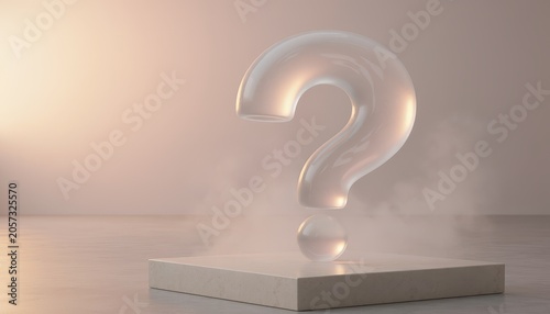 3D Bubble Question Mark concept. Transparent question mark floating above a platform in a foggy environment.