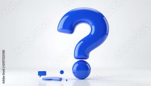 3D Bubble Question Mark concept. Glossy blue question mark symbol on a white reflective surface.
