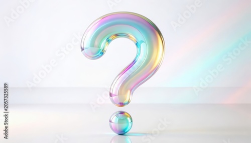 3D Bubble Question Mark concept. Transparent iridescent question mark on a reflective surface with pastel background