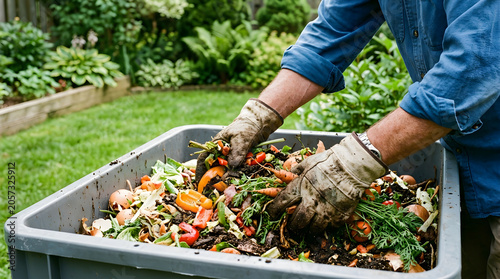 Close-up of Gardener Mixing Vegetable Scraps in a Compost Bin Outdoors.
