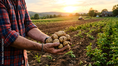Farmer holding a handful of freshly harvested potatoes at sunset in a cultivated field.