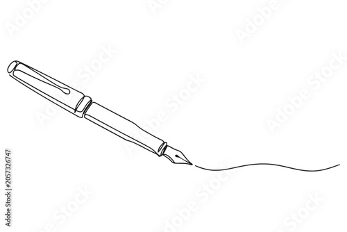 Fountain pen writing on paper single continuous line art with fountain stationery calligraphy signature education business literary document contract creative continuous minimalist