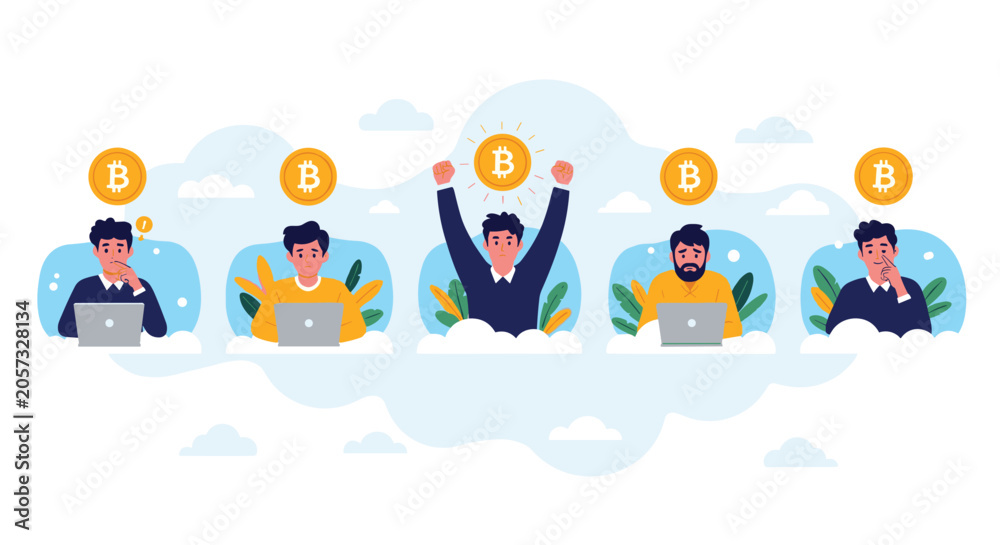 Fototapeta premium Diverse group of people working on laptops with large bitcoin symbols floating above their heads in the clouds.