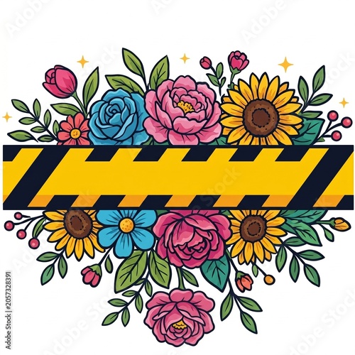 Caution tape frame with vibrant floral bouquet illustration, crime scene investigation aesthetic graphic, yellow and black warning barrier with sunflowers and roses, isolated on white background, dark