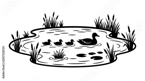 Duck family in pond black and white vector illustration with transparent background