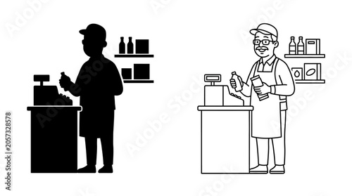 Bild auf Leinwand Shopkeeper Silhouette And Line Drawing With Cash Register Retail Setting