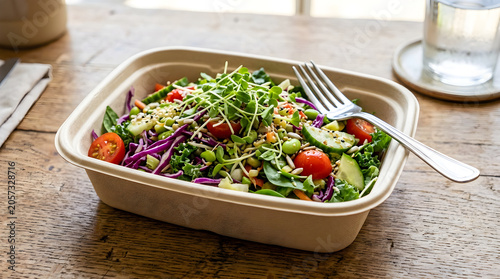 Healthy salad bowl with colorful vegetables and sprouts.