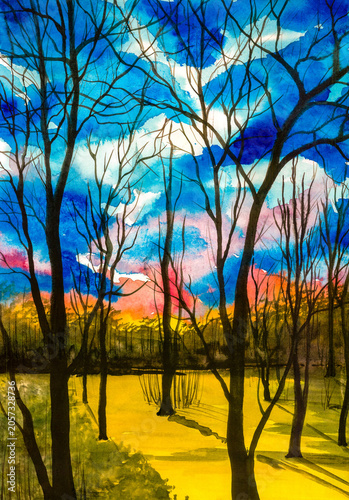 Original watercolor painting of a sunset forest with bare trees silhouetted against a vibrant sky, golden ground reflection, handmade nature art
