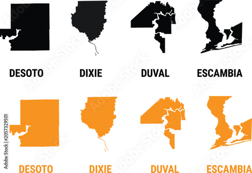 Fotografie Florida county map silhouettes of desoto dixie duval and escambia in black and o
