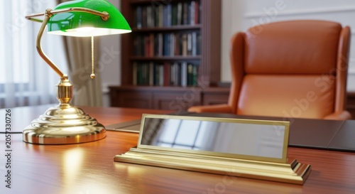 A gold lamp with green shade on a wooden desk with a mirror