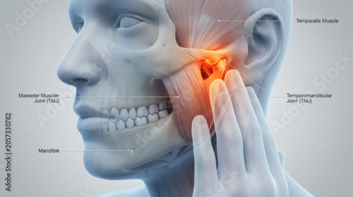 Anatomy illustration of TMJ pain and jaw muscle inflammation
