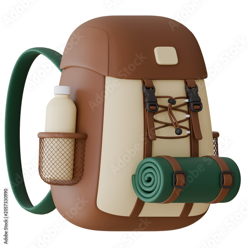 3D rendering illustration of a cute camping backpack with a water bottle and sleeping mat isolated on a transparent background, perfect for travel concepts.