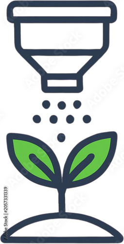 Smart agriculture automated irrigation icon with green plant sprout and watering funnel