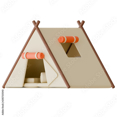 3D render of a cozy camping tent icon with open door, window, sleeping pads, and orange rolled mats isolated on black. Perfect for outdoor adventure design.