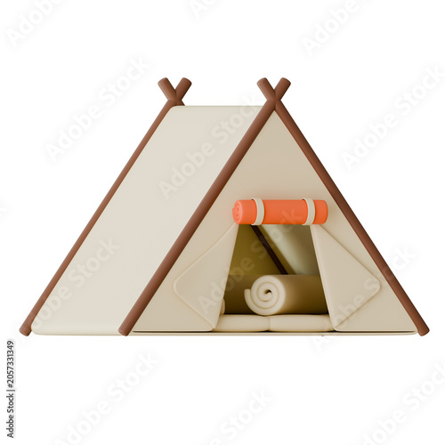3D render of a cozy camping tent icon with open door, window, sleeping pads, and orange rolled mats isolated on black. Perfect for outdoor adventure design.