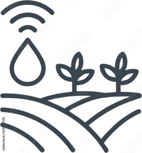 Smart irrigation system line icon with water droplet, wireless signal, and farm crops representing automated agricultural watering technology