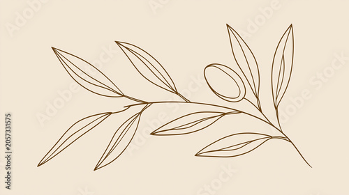Continuous line drawing of olive branches on warm ivory showcasing minimal botanical elegance and wellness packaging concept