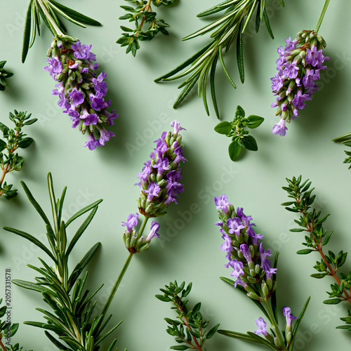Soft botanical repeat with lavender rosemary and thyme showcasing medicinal herb pattern and herbal skin care packaging concept