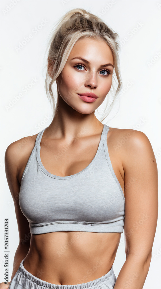 Fototapeta premium beautiful blonde athlete in minimal sportswear isolated on white background, fit athletic woman with gorgeous face wearing modern sportswear in studio, healthy blonde fitness model 
